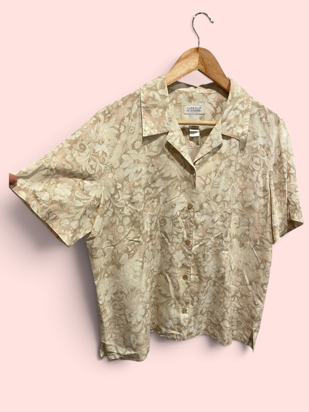 Cute classic neutral floral silk button front blouse Liz Claiborne Y2K